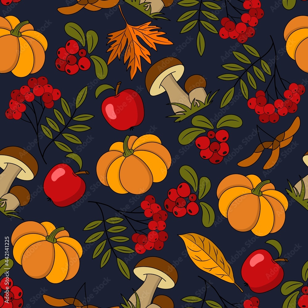 Poster seamless autumn pattern with natural elements on dark background. vector.
