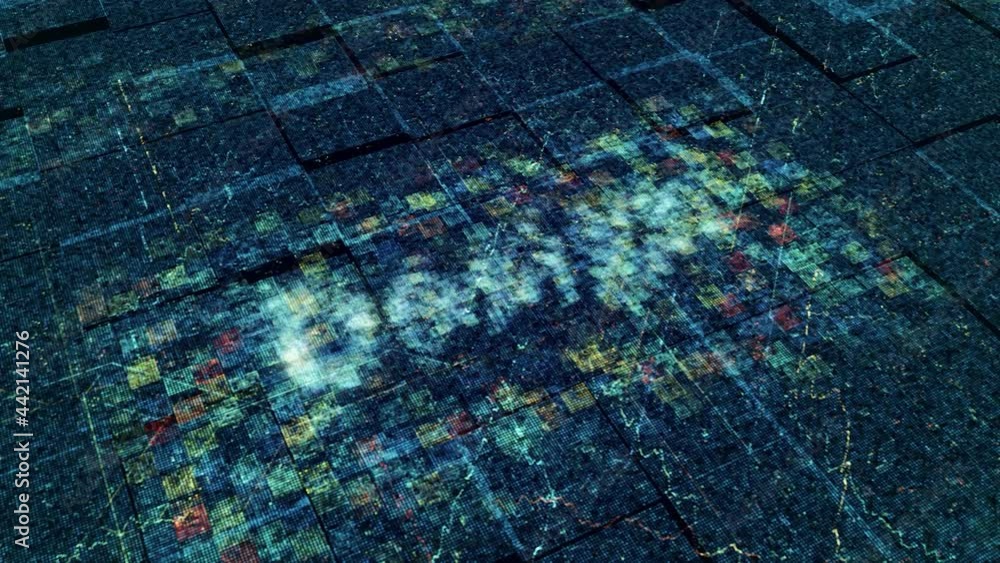 Poster technological background with a circuit board and a word design. animation. electric impulses spread