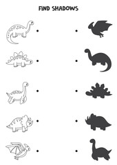 Find the correct shadows of black and white dinosaurs. Logical puzzle for kids.