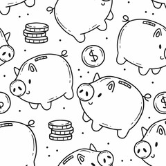 Seamless pattern with piggy bank and coins in simple cartoon doodle style. Black and white background vector illustration on the theme of business and finance. © Ekaterina Chemakina