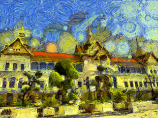 Obraz premium The grand palace wat phra kaew bangkok thailand Illustrations creates an impressionist style of painting.