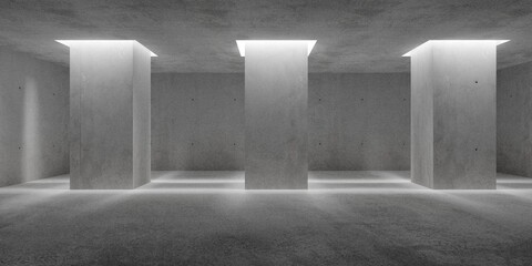 Abstract empty, modern concrete walls room with indirect lit pillars and rough floor - industrial interior or gallery background template