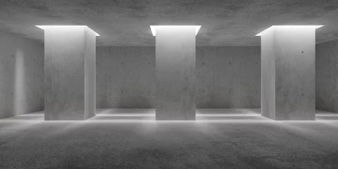Fotobehang Abstract empty, modern concrete walls room with indirect lit pillars and rough floor - industrial interior or gallery background template © Shawn Hempel