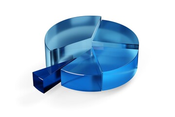 Fototapeta premium Blue transparent pie chart business diagram over white background, financial growth, statistics or investment graph concept