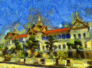 Fototapeta premium The grand palace wat phra kaew bangkok thailand Illustrations creates an impressionist style of painting.