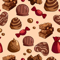 Seamless vector pattern of bright tasty pieces of milk chocolate with nuts, sweets, dragees. World Chocolate Day. Dessert food illustration. For packaging, menu, cookbook, postcard, banner.