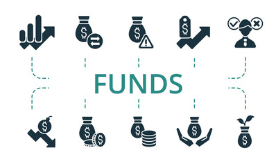 Funds icon set. Contains editable icons theme such as increase cost, investment risk, decision and more.