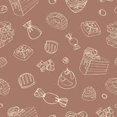 Seamless vector graphic vintage pattern of delicious pieces of milk chocolate, sweets, dragee. World Chocolate Day. Dessert food illustration. For packaging, menu, cookbook, postcard, banner.