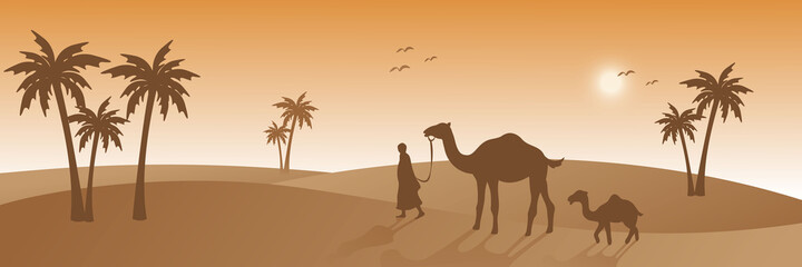 people and camel walking on desert, silhouette style, beautiful sunlight, palm tree, islamic web banner background vector graphic