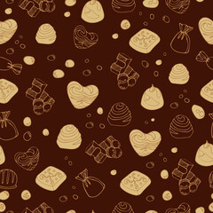 Seamless vector graphic vintage pattern of delicious pieces of milk chocolate, sweets, dragee. World Chocolate Day. Dessert food illustration. For packaging, menu, cookbook, postcard, banner.