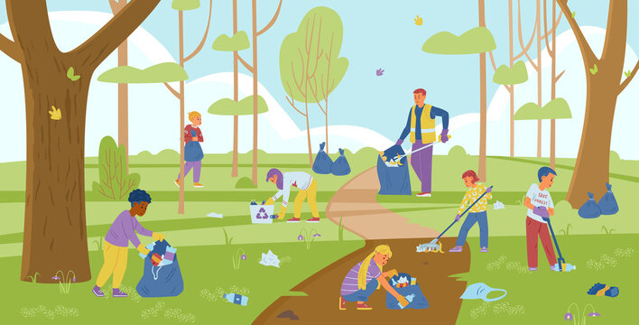 Group Of Children Volunteers With An Adult Collecting Trash In Forest. Vector Illustration.