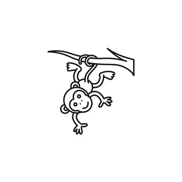 Monkey Hanging On A Branch With His Tail Vector Line Icon