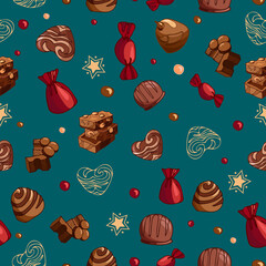 Seamless vector Christmas pattern of bright tasty pieces milk chocolate with nuts, sweets, dragees. World Chocolate Day. Dessert food illustration. Packaging, menu, cookbook, postcard, banner, poster.