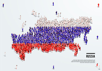 Russia Map and Flag. A large group of people in the Russian flag color form to create the map. Vector Illustration.
