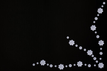 White paper flowers on black background. Flat lay style with copy space. Paper art