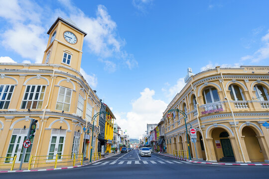 Phuket old town with Building Sino Portuguese architecture at Phuket Old Town area Phuket, Thailand.