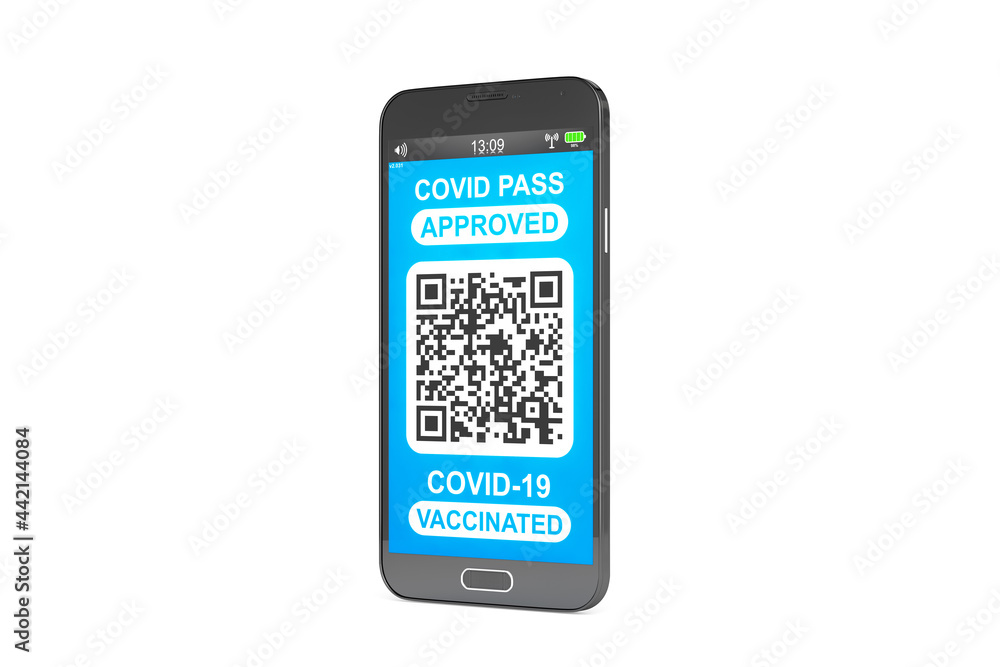 Aufkleber 3d rendering of a fictitious smartphone, with a qr pass code of the covid-19 vaccine