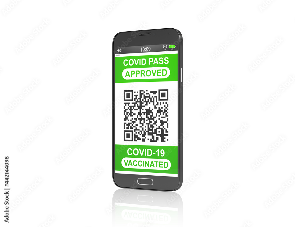 Poster 3d rendering of a fictitious smartphone, with a qr pass code of the covid-19 vaccine