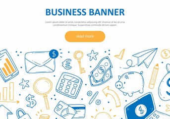 Concept for web banner on the theme of business and finance with various cute doodle elements. Vector color illustration for sites, web banners.