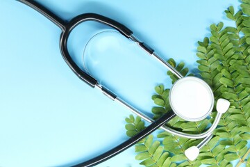 stethoscope and small leaves with a light blue background