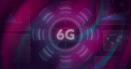 Animation of text 6g, with rotating circular scanner and lights, on swirling dark red and green