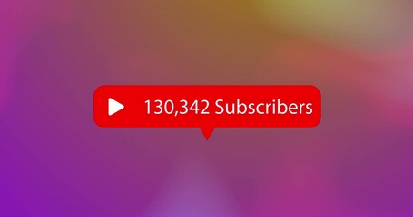 Animation of social media subscribers count and increasing number on red, over blurred purple - Powered by Adobe