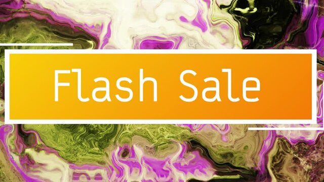 Animation of text flash sale in orange banner, over swirling pink and green background