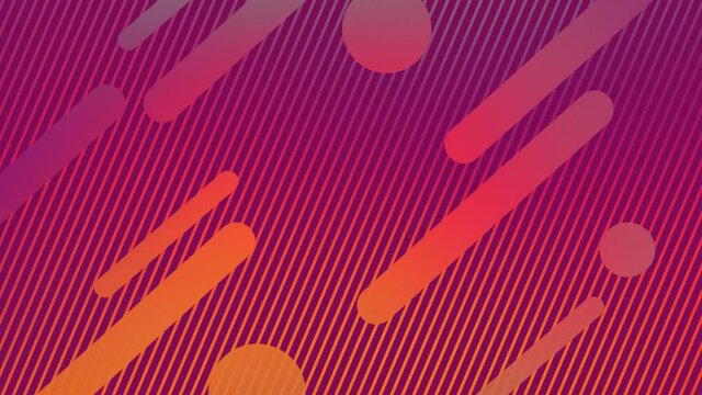 Animation of multiple abstract shapes and circles moving in hypnotic motion on striped background