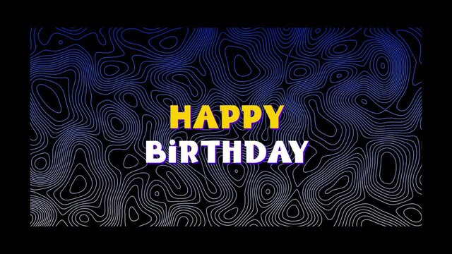 Animation of happy birthday text on patterned purple background