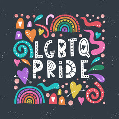 Fun hand drawn lgbtq design, colorful background with cool letters, hearts, rainbows, great for textiles, banners, wallpapers, wrapping - vector design