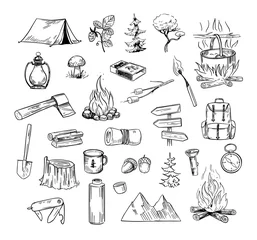Foto op Aluminium Hand drawn camping and hiking elements, isolated on white background. Set of icons for summer camp flyers and posters. Outlined vector illustration. © aksol