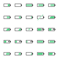 A pack of battery-related icons. Pure energy, electricity and charge thematic.