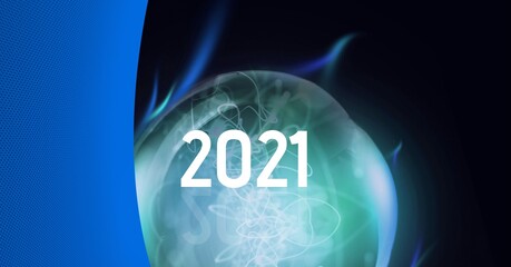 Composition of 2021 over green lit lightbulb