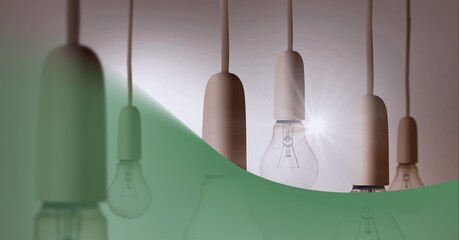 Fototapeta premium Animation of person holding light bulbs with green overlay