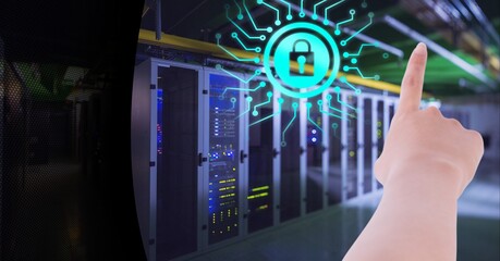 Composition of businesswoman touching screen with padlock icon and data processing