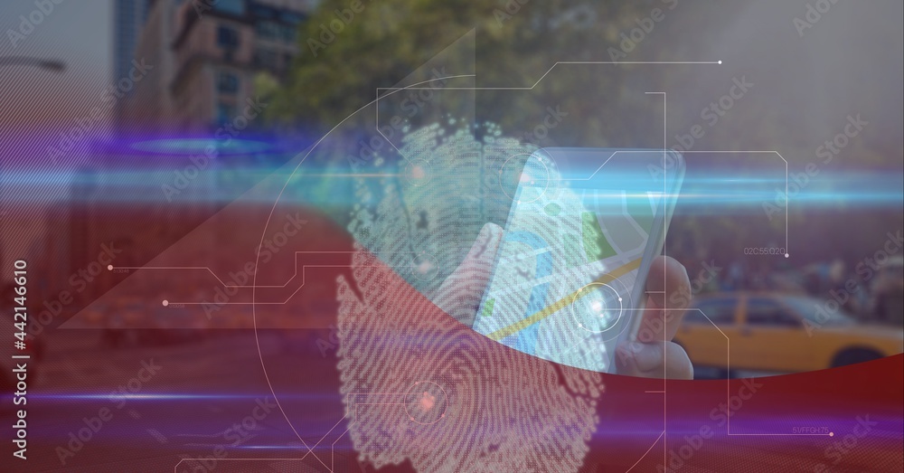 Poster composition of businessman touching interactive screen with biometric data processing