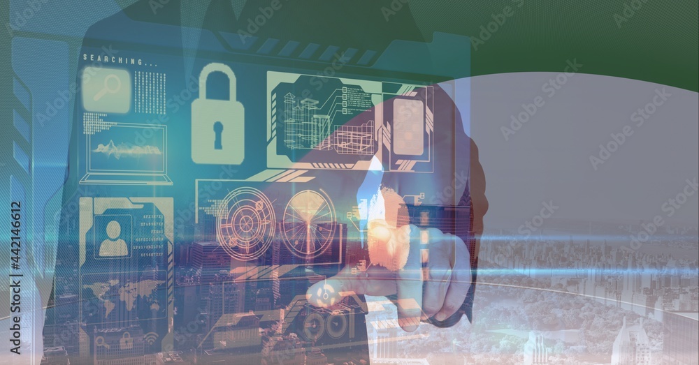 Poster composition of businessman touching interactive screen with data processing