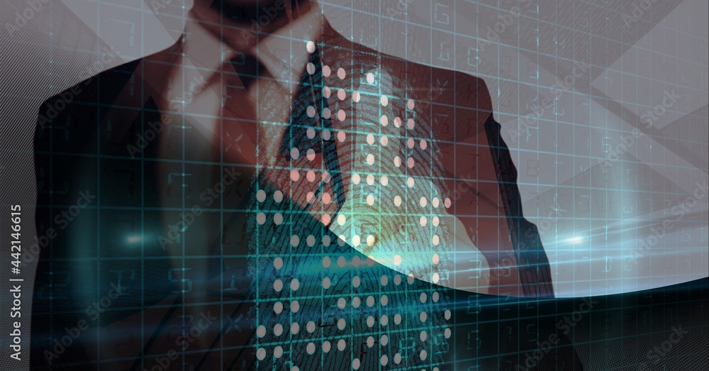 Poster composition of businessman touching interactive screen with biometric data processing