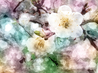 Blooming spring fruit tree stylized watercolor drawing.