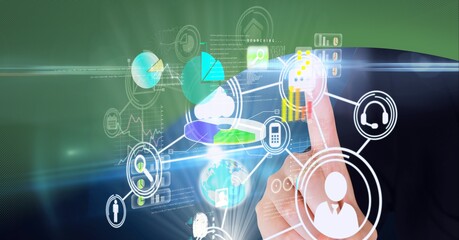 Composition of finger touching interactive screen with network of icons