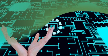 Composition of hands over computer circuit board