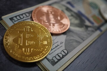 仮想通貨/ビットコインと100ドル札（日本円）, Crypto Currency/Bitcoin, 100USD
