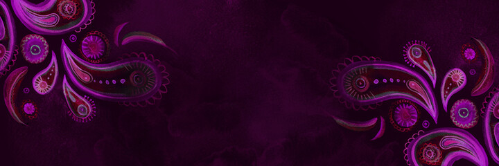Dark purple watercolor paisley horizontal banner. Hand-painted background in bohemian oriental style.