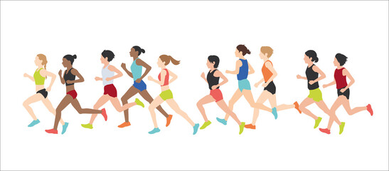 Women dressed in sports clothes running marathon race. Participants of athletics event trying to outrun each other. Flat cartoon characters isolated on white background. Vector illustration.