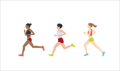 Fototapeta na wymiar Women dressed in sports clothes running marathon race. Participants of athletics event trying to outrun each other. Flat cartoon characters isolated on white background. Vector illustration.