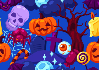 Happy Halloween seamless pattern with celebration items. Background for party.