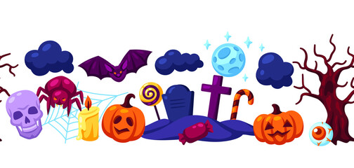 Happy Halloween seamless pattern with celebration items. Background for party.
