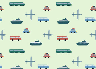 Seamless vector pattern with bus, plane, car, train, ship moving on light green background. Kids pattern for textile, wrapping paper, backdrops.