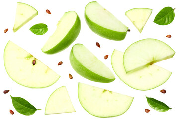 green apple with slices isolated on a white background. top view. clipping path