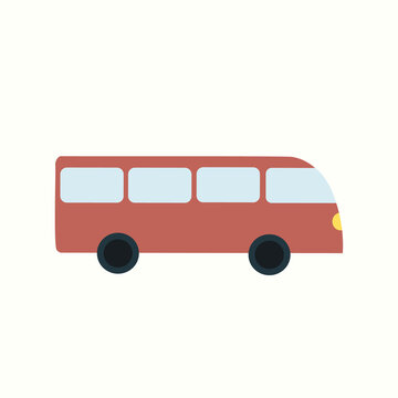 Simple red toy bus, side view. cute kid transport. Vector drawn flat illustration, clipart, sticker.